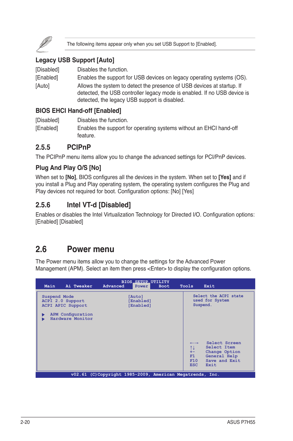 5 pcipnp, 6 intel vt-d [disabled, 6 power menu | Pcipnp -20, Intel vt-d -20, Power menu -20 | Asus P7H55/USB3 User Manual | Page 58 / 66