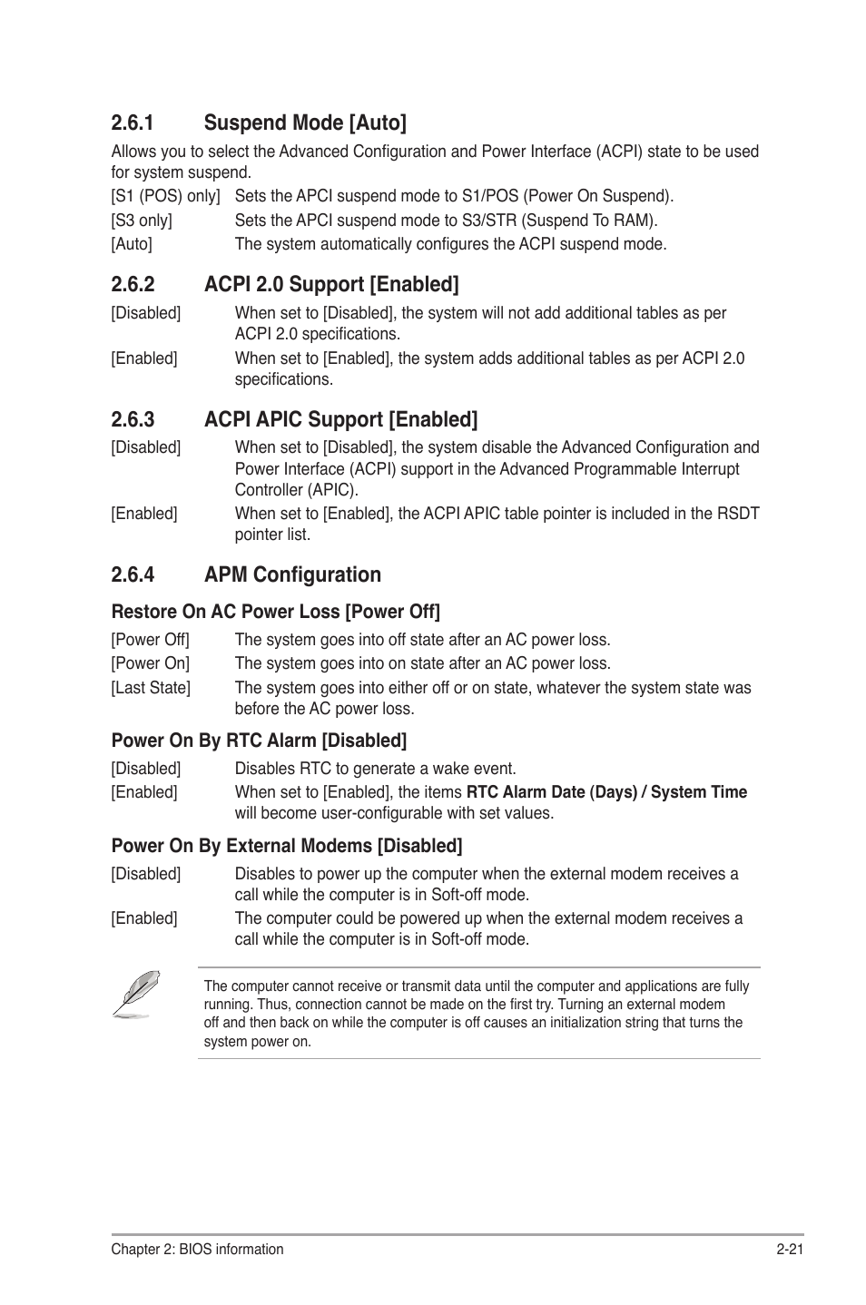 1 suspend mode [auto, 2 acpi 2.0 support [enabled, 3 acpi apic support [enabled | 4 apm configuration, Suspend mode -21, Acpi 2.0 support -21, Acpi apic support -21, Apm configuration -21 | Asus P7H55/USB3 User Manual | Page 59 / 66