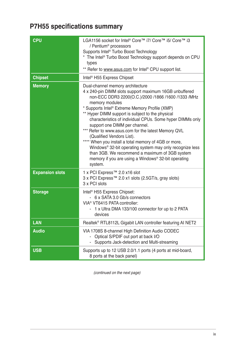 P7h55 specifications summary | Asus P7H55/USB3 User Manual | Page 9 / 66