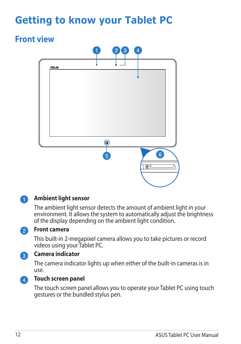 Getting to know your tablet pc, Front view | Asus VivoTab User Manual | Page 12 / 78