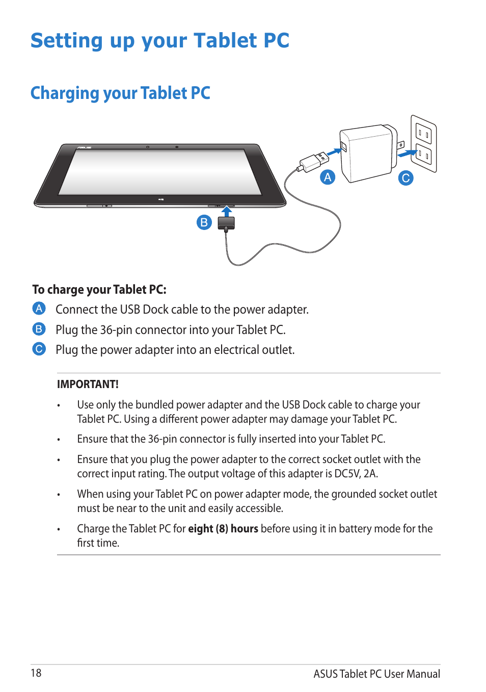 Setting up your tablet pc, Charging your tablet pc | Asus VivoTab User Manual | Page 18 / 78