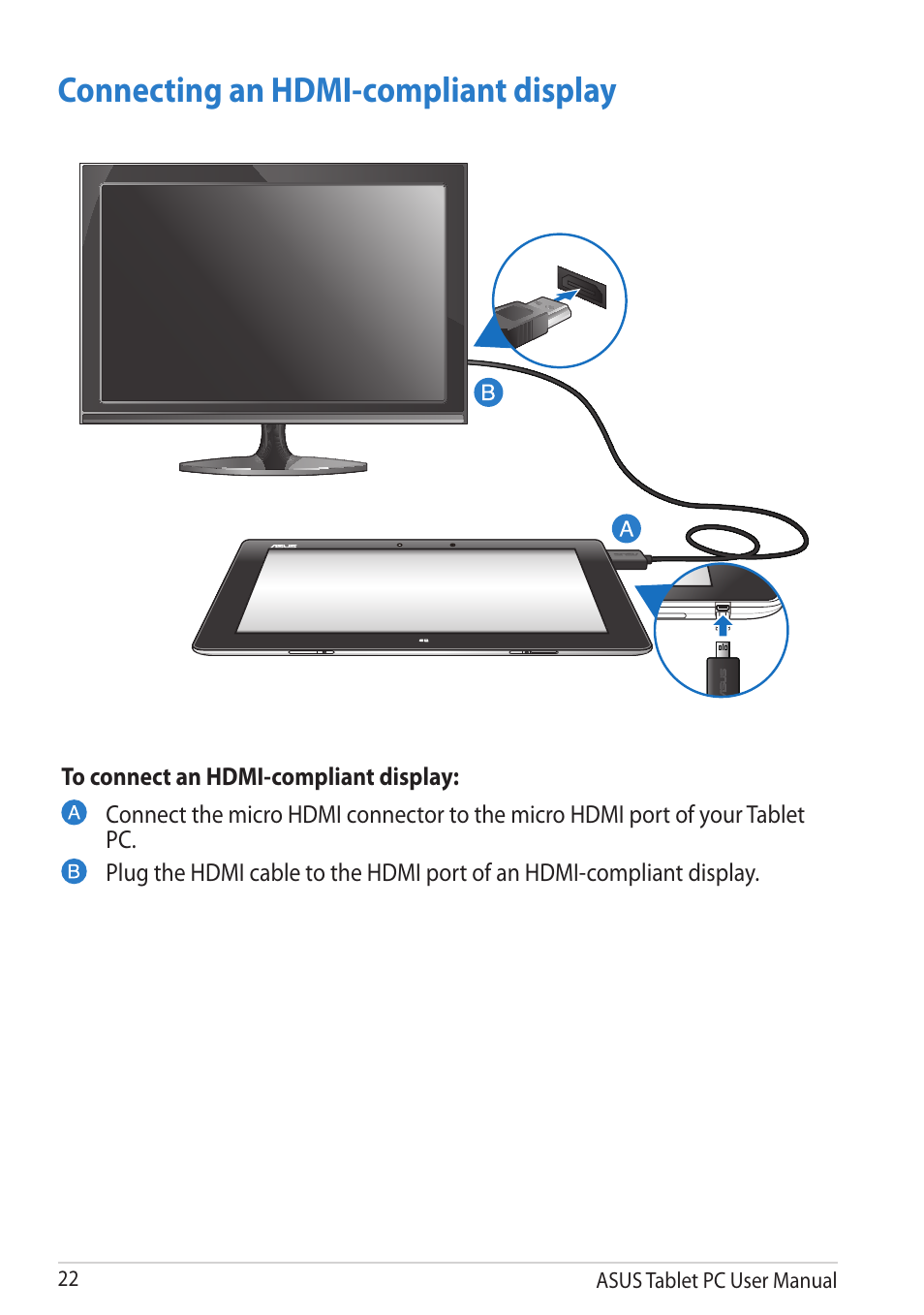 Connecting an hdmi-compliant display | Asus VivoTab User Manual | Page 22 / 78