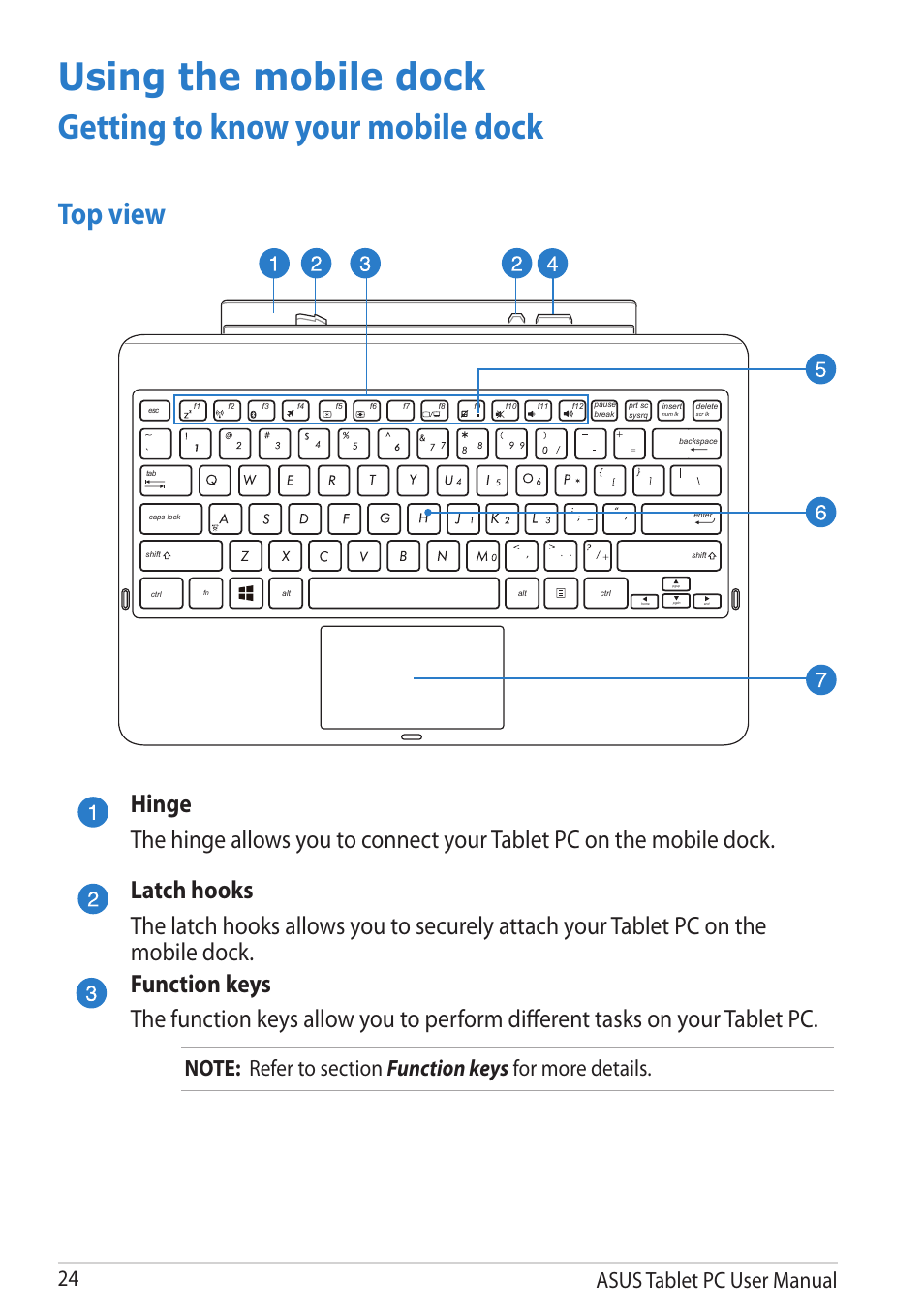 Using the mobile dock, Getting to know your mobile dock, Top view | Asus tablet pc user manual | Asus VivoTab User Manual | Page 24 / 78