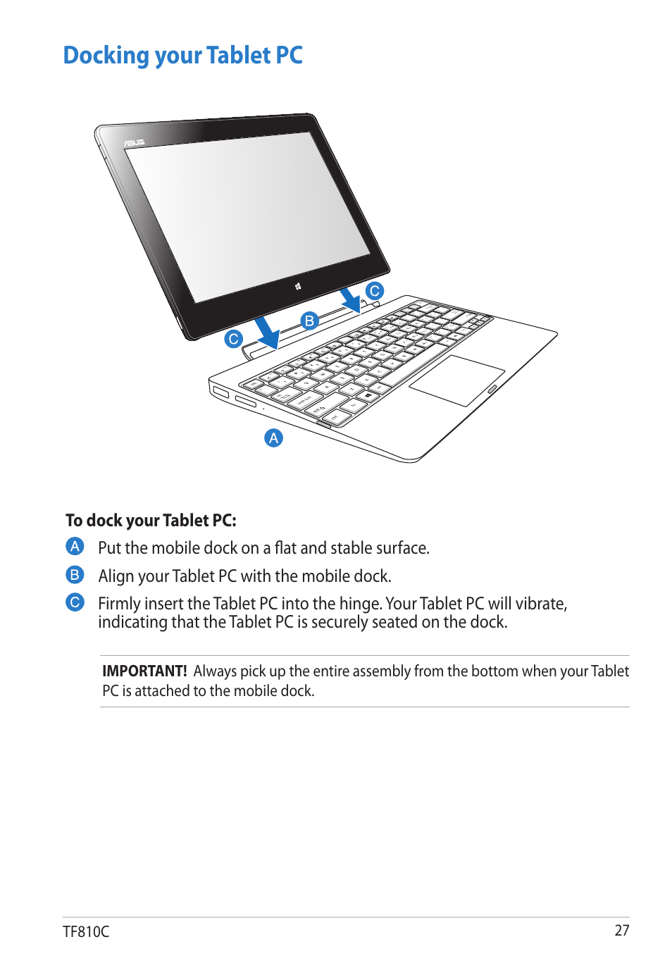 Docking your tablet pc, Tf810c, Scr lk | Num l k, Pgdn pgup home end | Asus VivoTab User Manual | Page 27 / 78