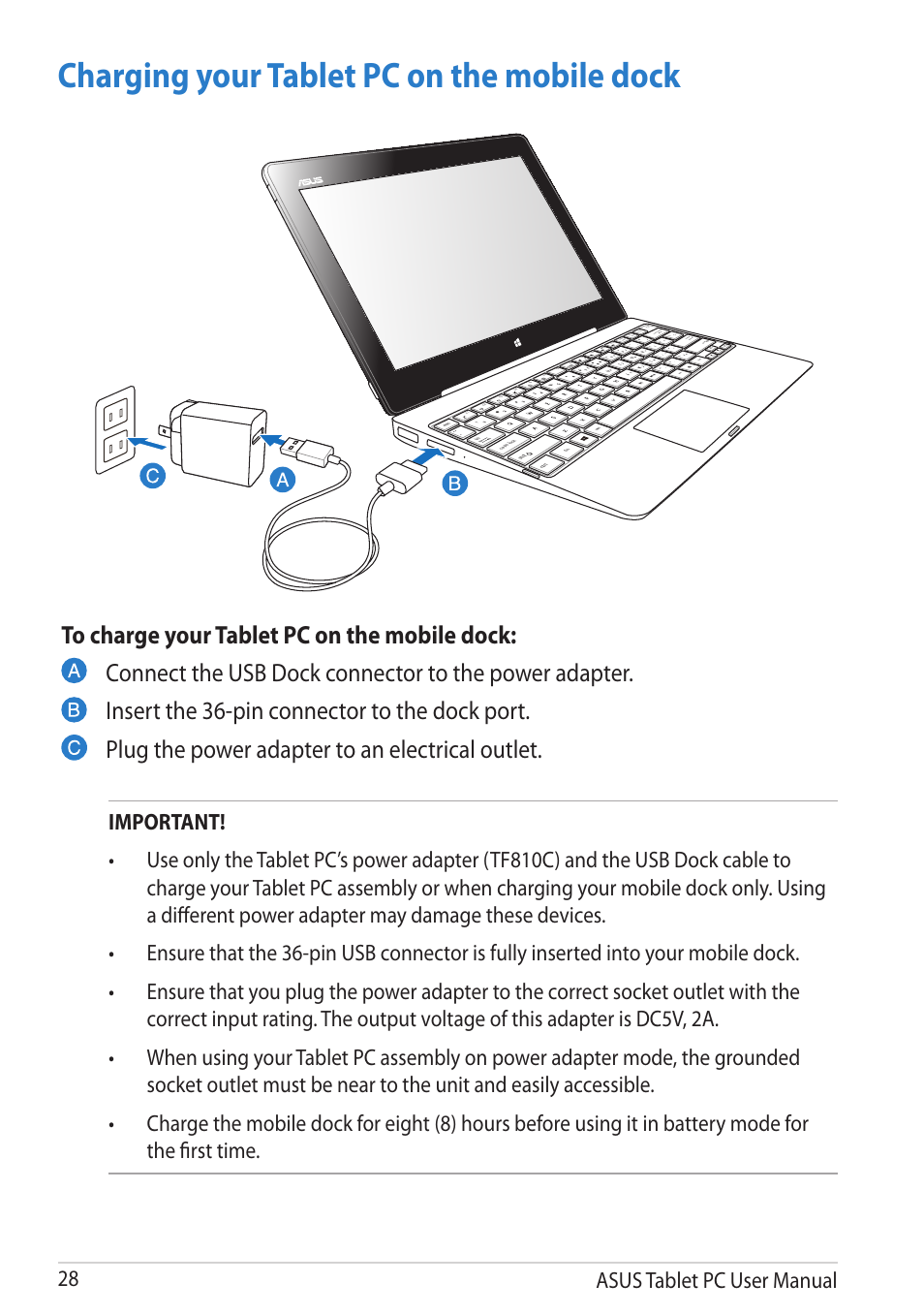 Charging your tablet pc on the mobile dock, Asus tablet pc user manual | Asus VivoTab User Manual | Page 28 / 78