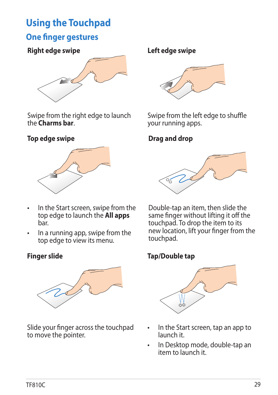 Using the touchpad, One finger gestures | Asus VivoTab User Manual | Page 29 / 78