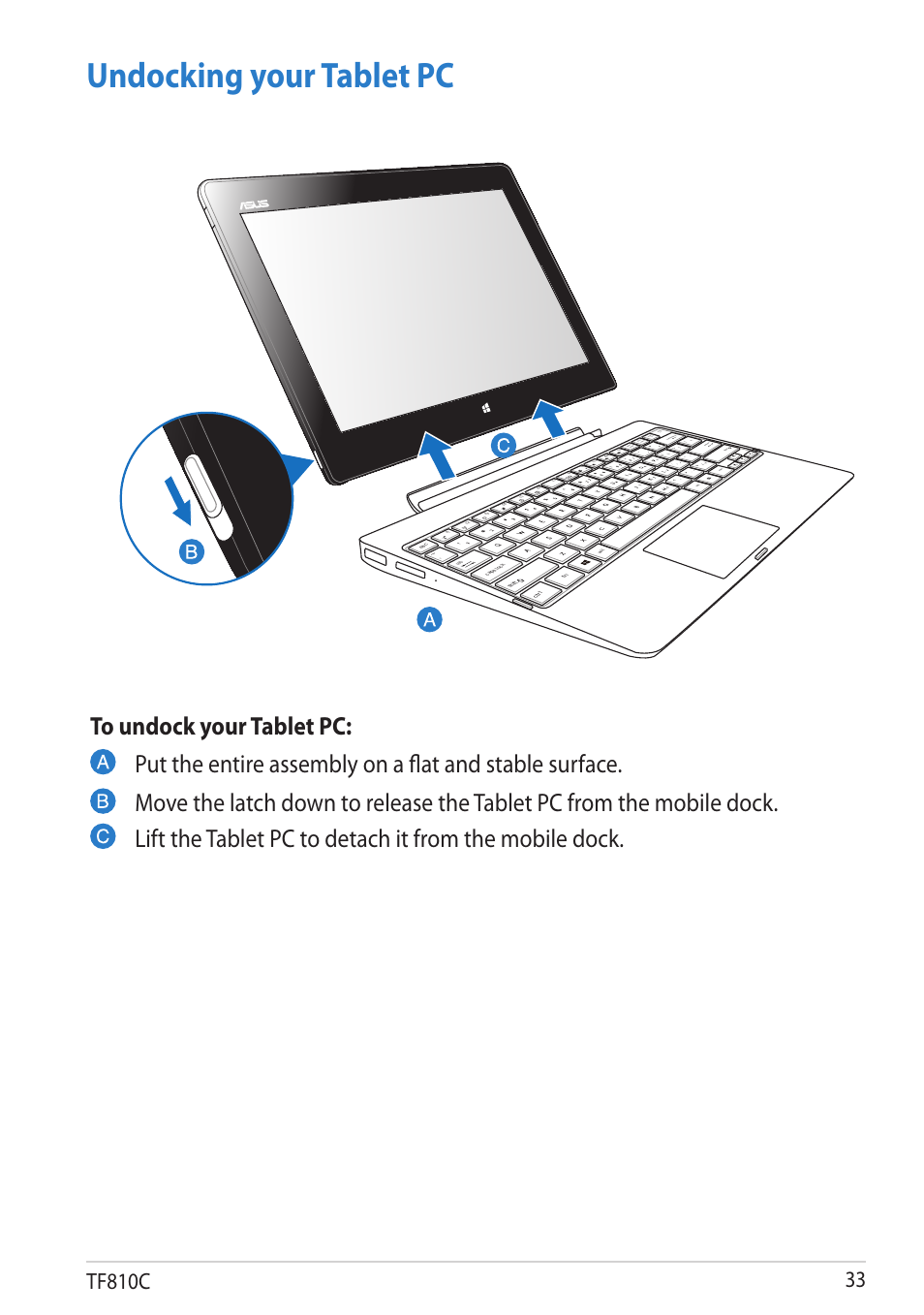 Undocking your tablet pc, Tf810c, Scr lk | Pgdn pgup home end | Asus VivoTab User Manual | Page 33 / 78