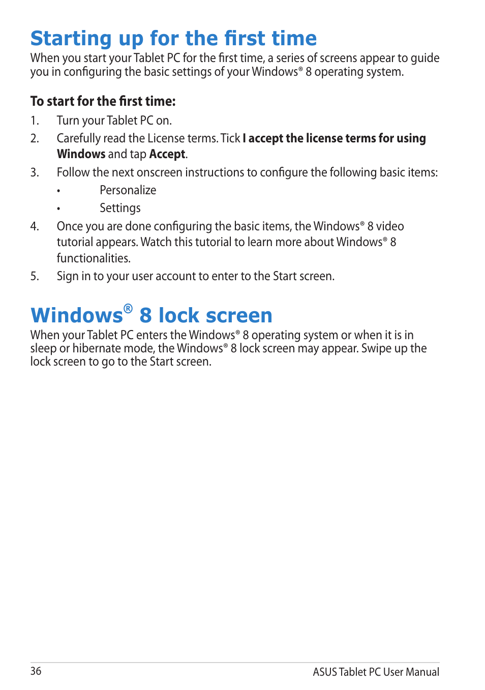 Starting up for the first time, Windows® 8 lock screen, Starting up for the first time windows | 8 lock screen, Windows | Asus VivoTab User Manual | Page 36 / 78