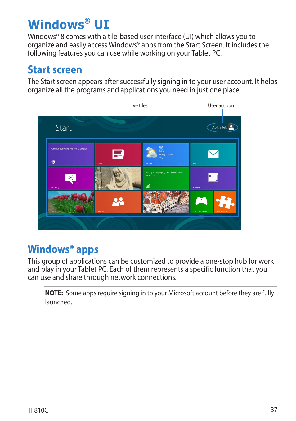 Windows® ui, Start screen, Windows® apps | Windows, Start screen windows® apps | Asus VivoTab User Manual | Page 37 / 78