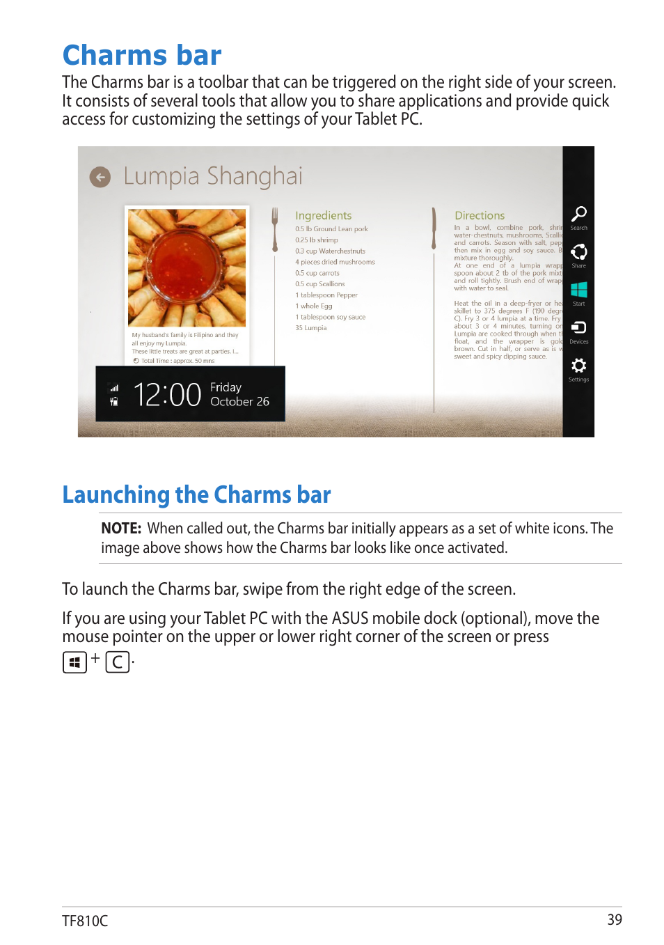 Charms bar, Launching the charms bar | Asus VivoTab User Manual | Page 39 / 78