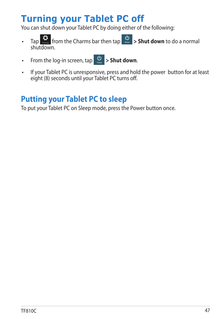 Turning your tablet pc off, Putting your tablet pc to sleep | Asus VivoTab User Manual | Page 47 / 78