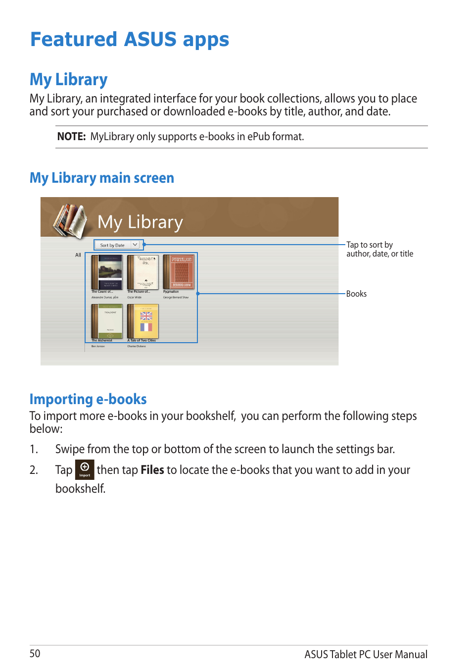 Featured asus apps, My library, Importing e-books | My library main screen | Asus VivoTab User Manual | Page 50 / 78