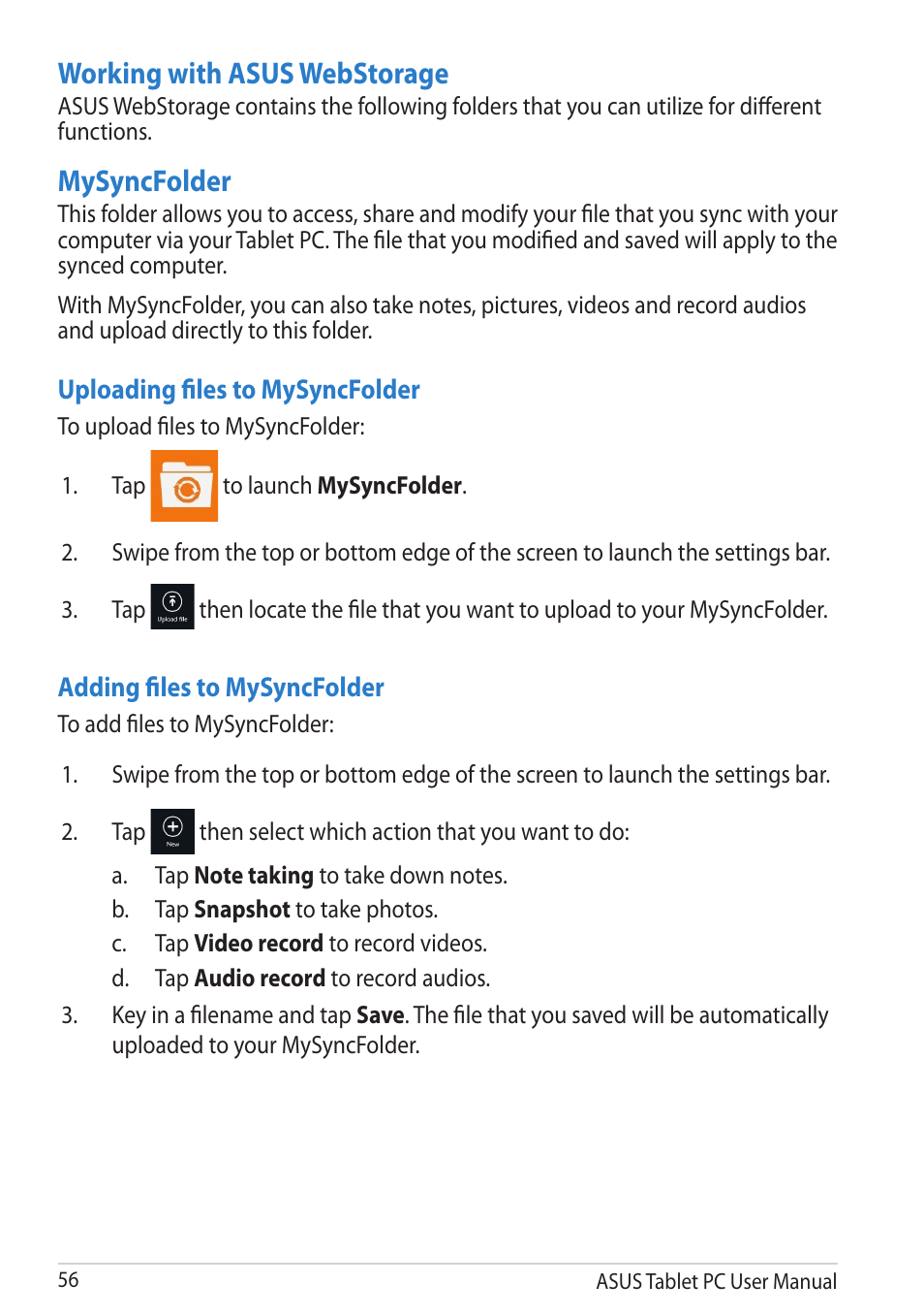 Working with asus webstorage, Mysyncfolder | Asus VivoTab User Manual | Page 56 / 78