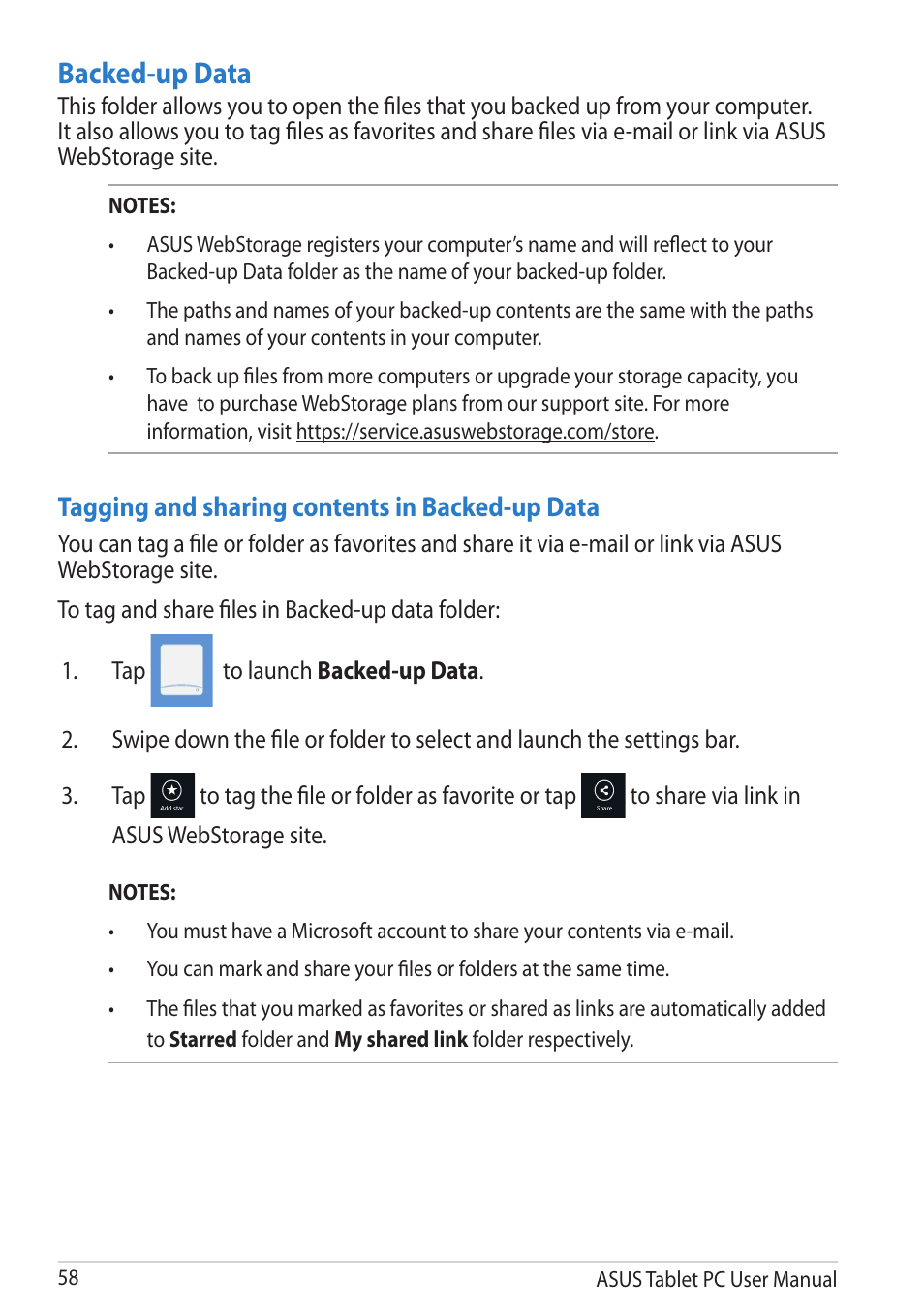 Backed-up data, Tagging and sharing contents in backed-up data | Asus VivoTab User Manual | Page 58 / 78