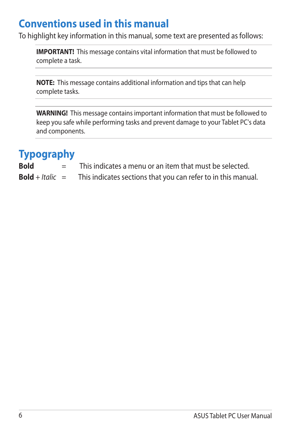 Conventions used in this manual, Typography, Conventions used in this manual typography | Asus VivoTab User Manual | Page 6 / 78