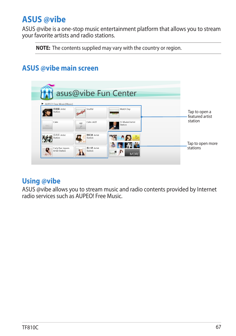 Asus @vibe, Using @vibe, Asus @vibe main screen | Asus VivoTab User Manual | Page 67 / 78