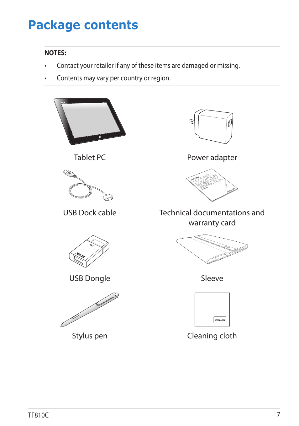 Package contents | Asus VivoTab User Manual | Page 7 / 78