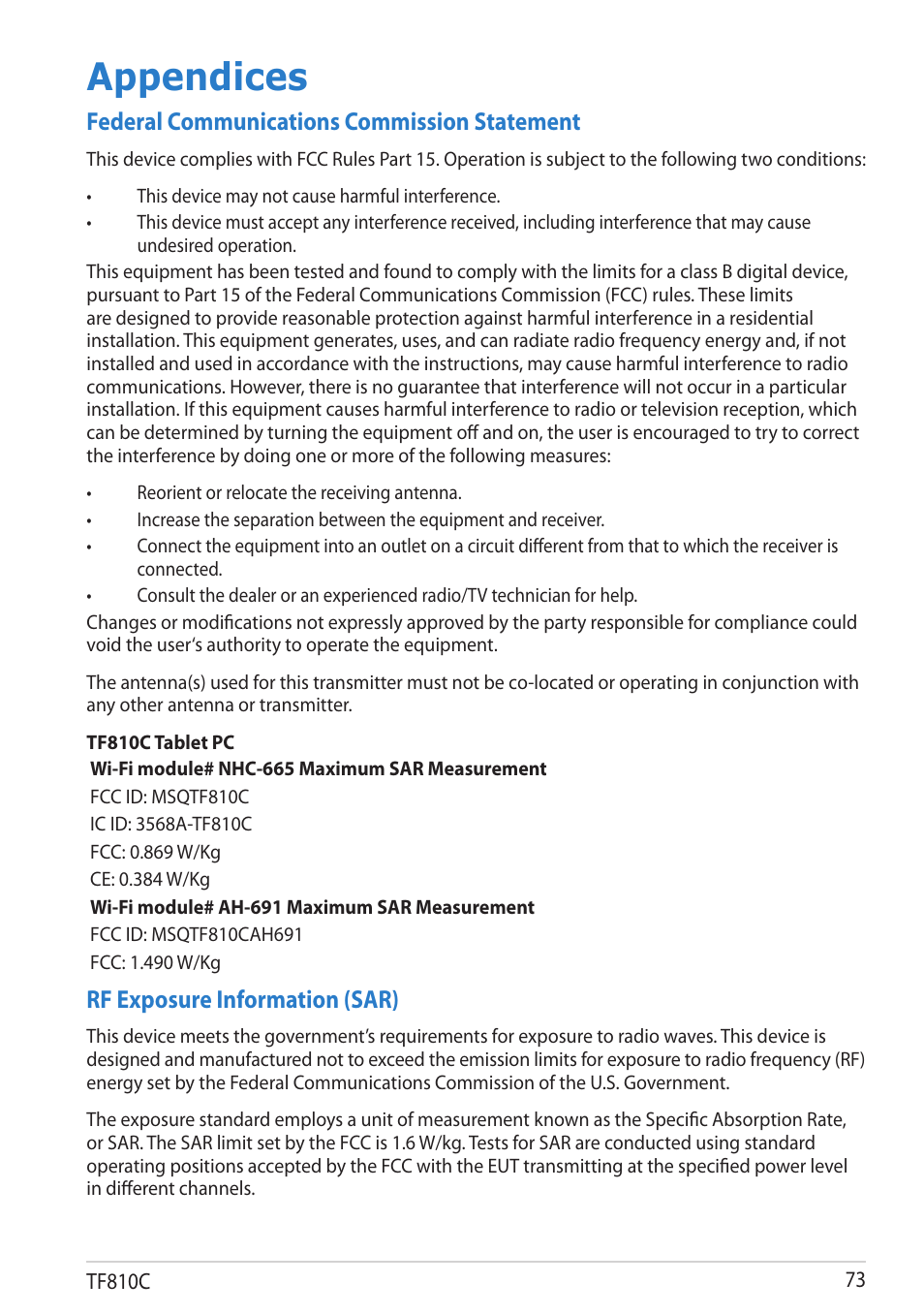 Appendices, Federal communications commission statement, Rf exposure information (sar) | Asus VivoTab User Manual | Page 73 / 78