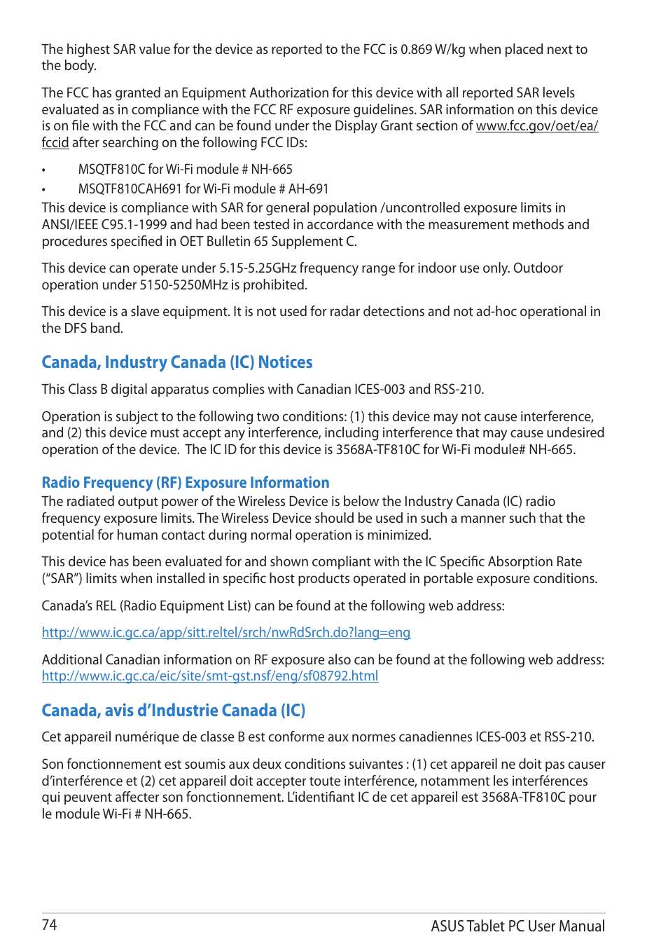 Canada, industry canada (ic) notices, Canada, avis d’industrie canada (ic) | Asus VivoTab User Manual | Page 74 / 78