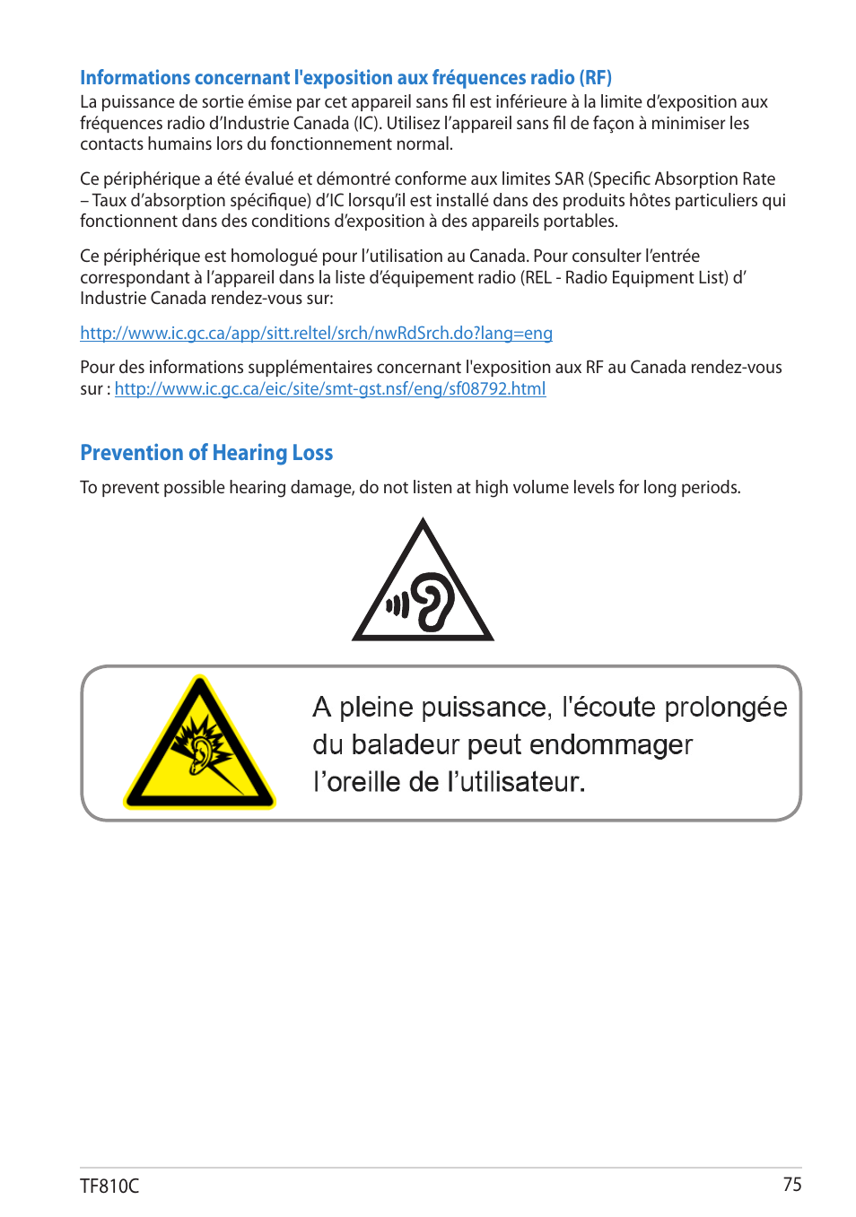Prevention of hearing loss | Asus VivoTab User Manual | Page 75 / 78