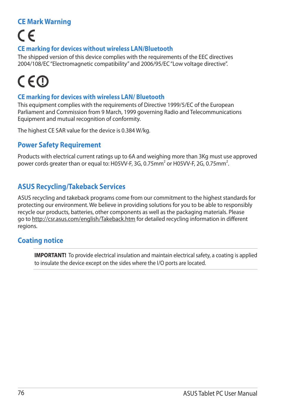 Asus recycling/takeback services, Coating notice, Ce mark warning | Power safety requirement | Asus VivoTab User Manual | Page 76 / 78