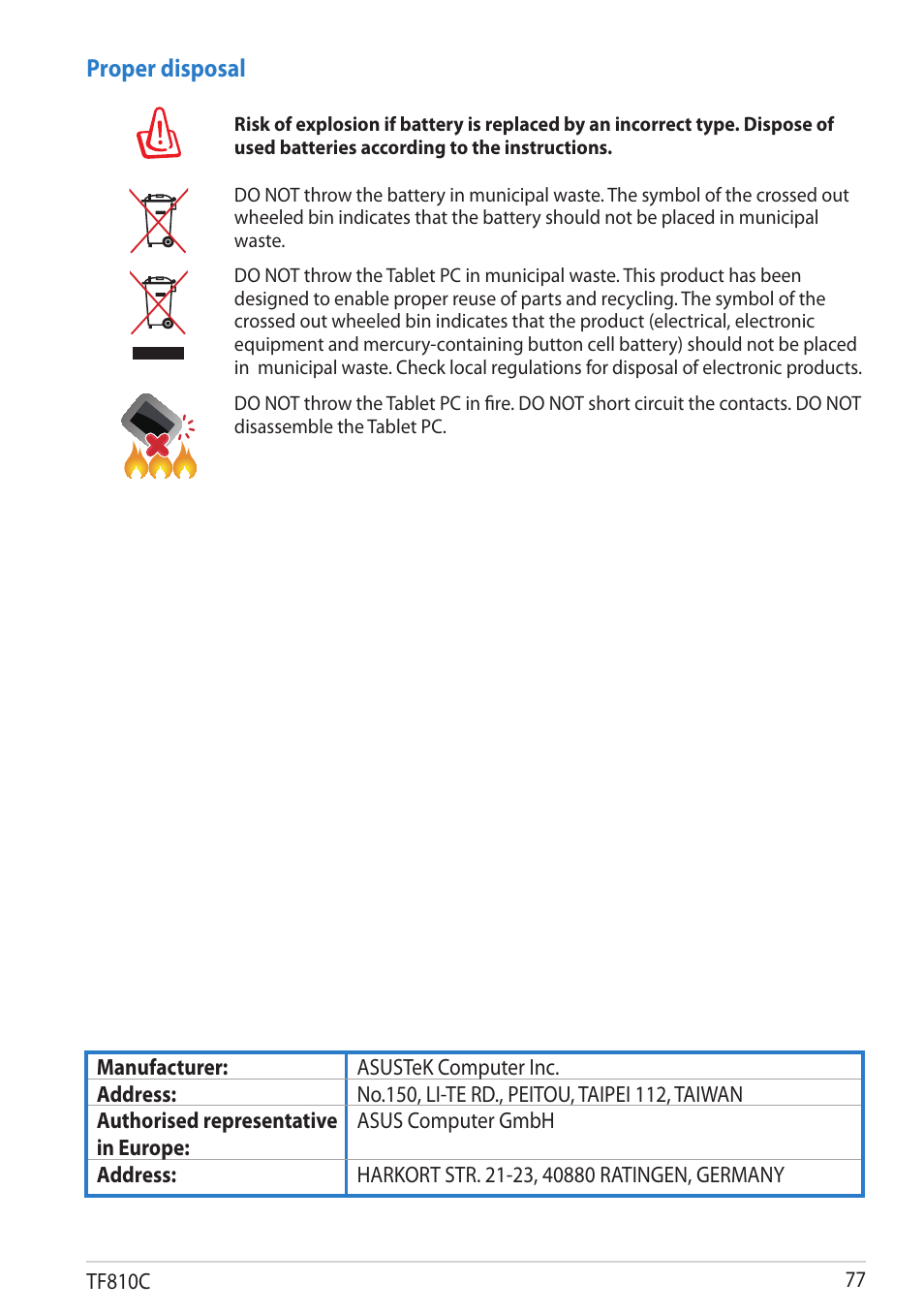 Proper disposal | Asus VivoTab User Manual | Page 77 / 78