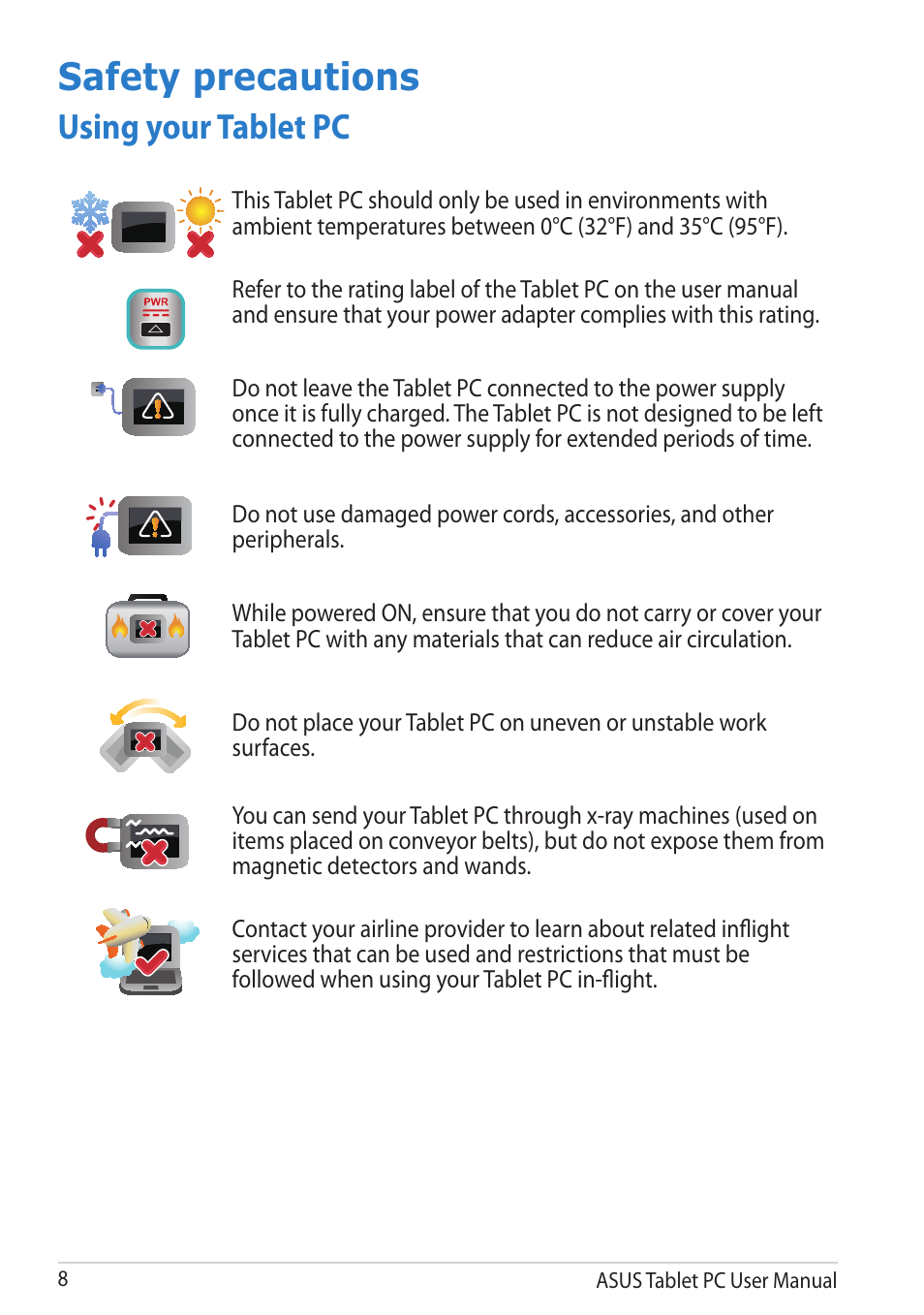 Safety precautions, Using your tablet pc | Asus VivoTab User Manual | Page 8 / 78