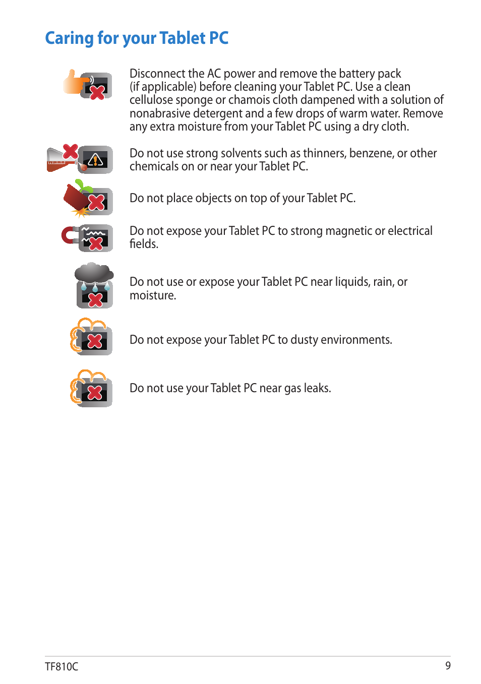 Caring for your tablet pc | Asus VivoTab User Manual | Page 9 / 78
