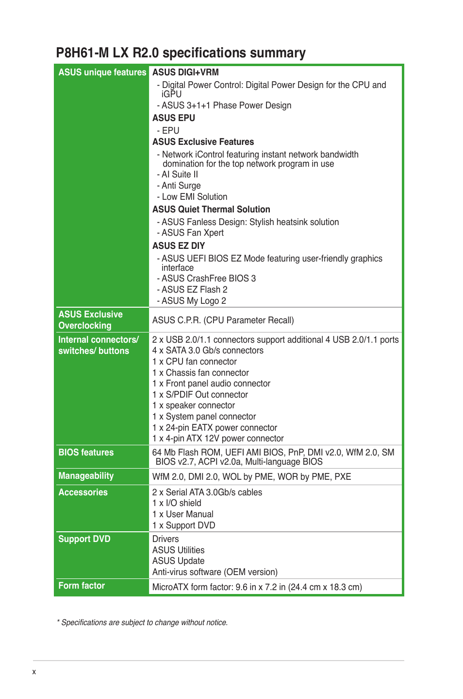 Asus P8H61-M LX R2.0 User Manual | Page 10 / 78