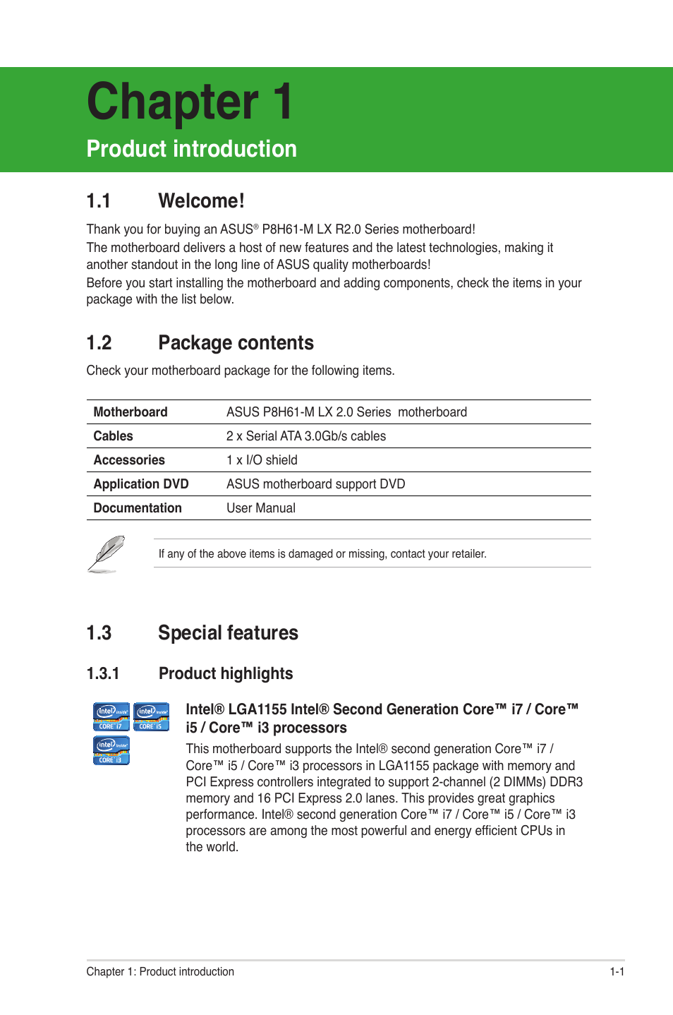 Chapter 1: product introduction, 1 welcome, 2 package contents | 3 special features, 1 product highlights, Product introduction, Welcome! -1, Package contents -1, Special features -1 1.3.1, Product highlights -1 | Asus P8H61-M LX R2.0 User Manual | Page 11 / 78