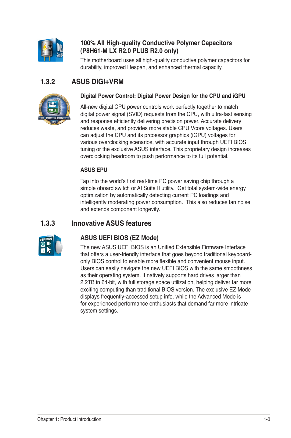 2 asus digi+vrm, 3 innovative asus features, Asus digi+vrm -3 | Innovative asus features -3 | Asus P8H61-M LX R2.0 User Manual | Page 13 / 78