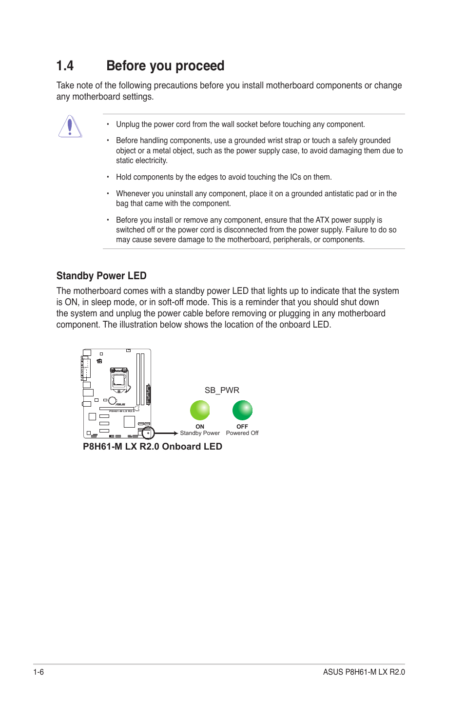 4 before you proceed, Before you proceed -6, Standby power led | Asus P8H61-M LX R2.0 User Manual | Page 16 / 78