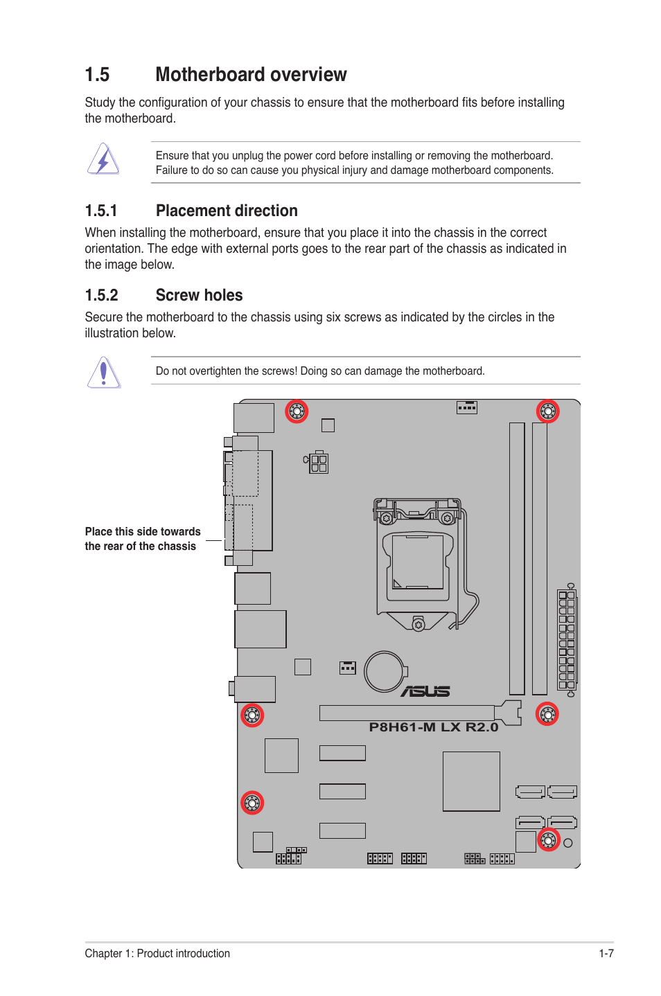 5 motherboard overview, 1 placement direction, 2 screw holes | Motherboard overview -7 1.5.1, Placement direction -7, Screw holes -7 | Asus P8H61-M LX R2.0 User Manual | Page 17 / 78