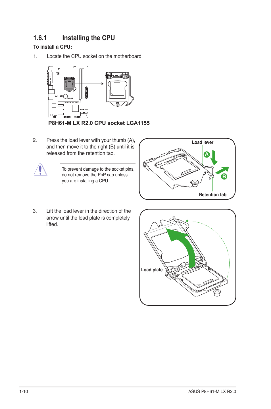 1 installing the cpu, Installing the cpu -10 | Asus P8H61-M LX R2.0 User Manual | Page 20 / 78