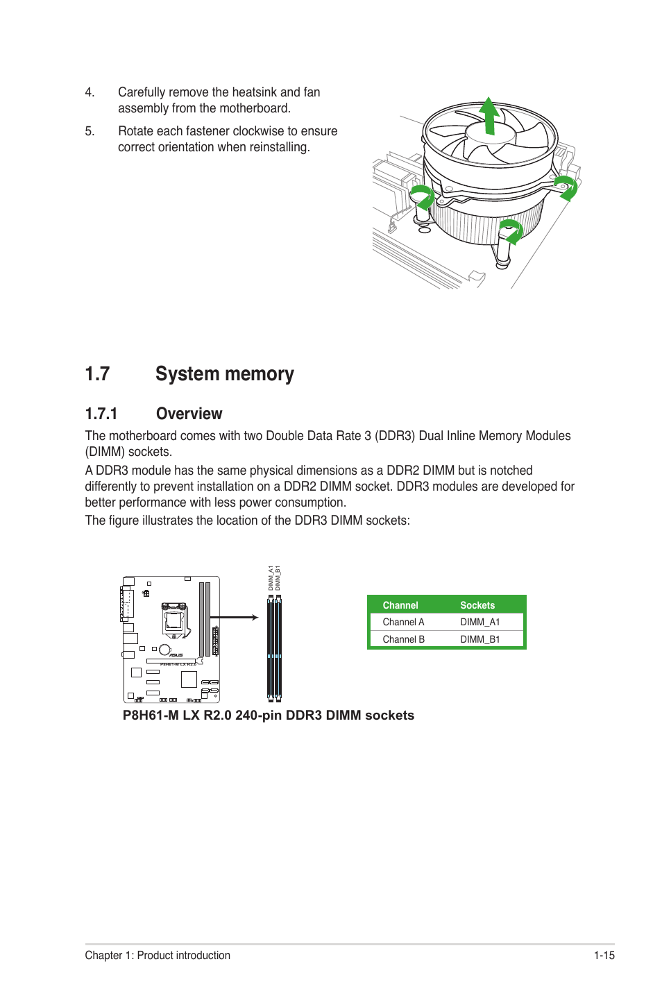 7 system memory, 1 overview, System memory -15 1.7.1 | Overview -15 | Asus P8H61-M LX R2.0 User Manual | Page 25 / 78