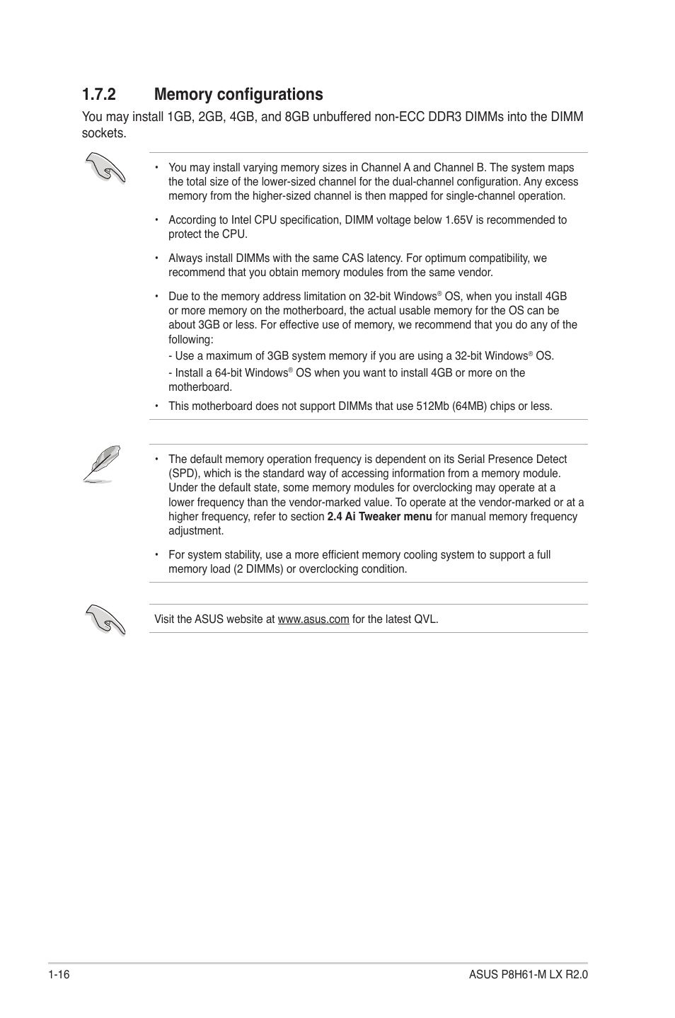 2 memory configurations, Memory configurations -16 | Asus P8H61-M LX R2.0 User Manual | Page 26 / 78