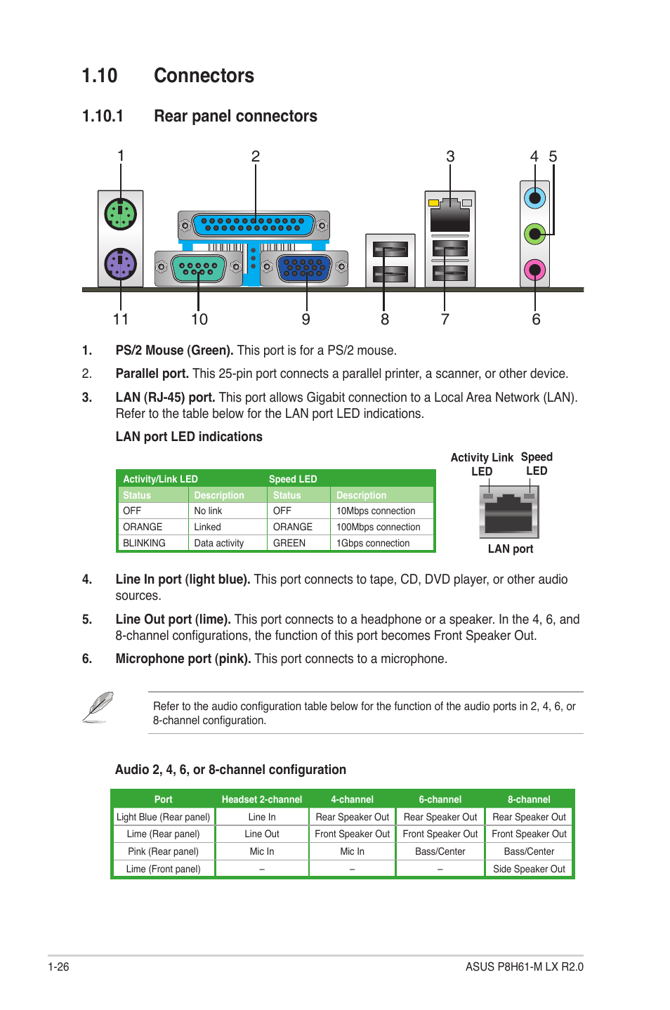 10 connectors, 1 rear panel connectors, 10 connectors -26 | 1 rear panel connectors -26 | Asus P8H61-M LX R2.0 User Manual | Page 36 / 78