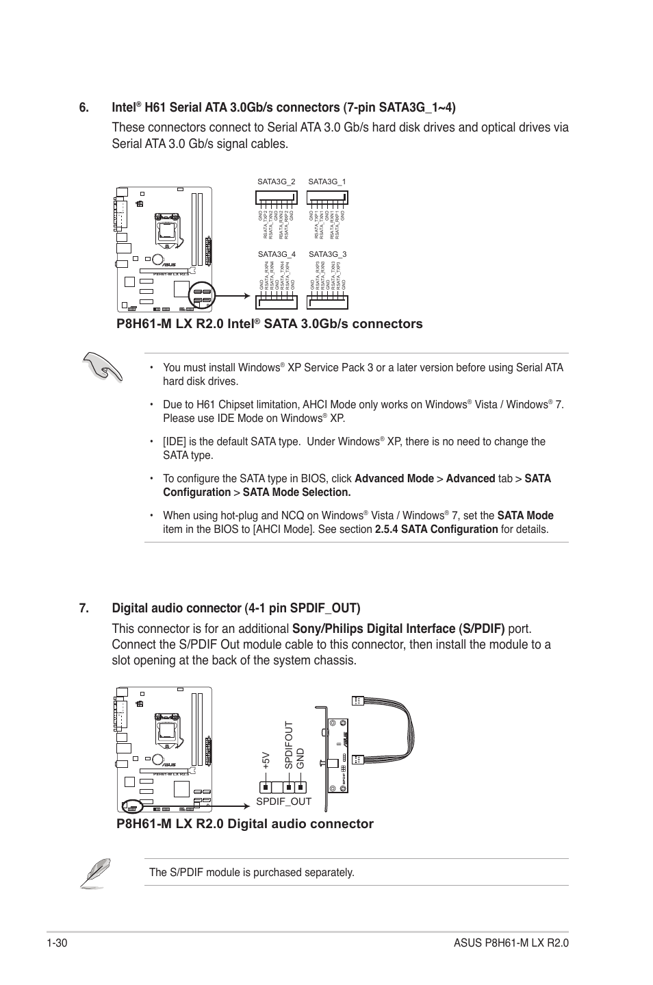 Intel, Sata 3.0gb/s connectors | Asus P8H61-M LX R2.0 User Manual | Page 40 / 78