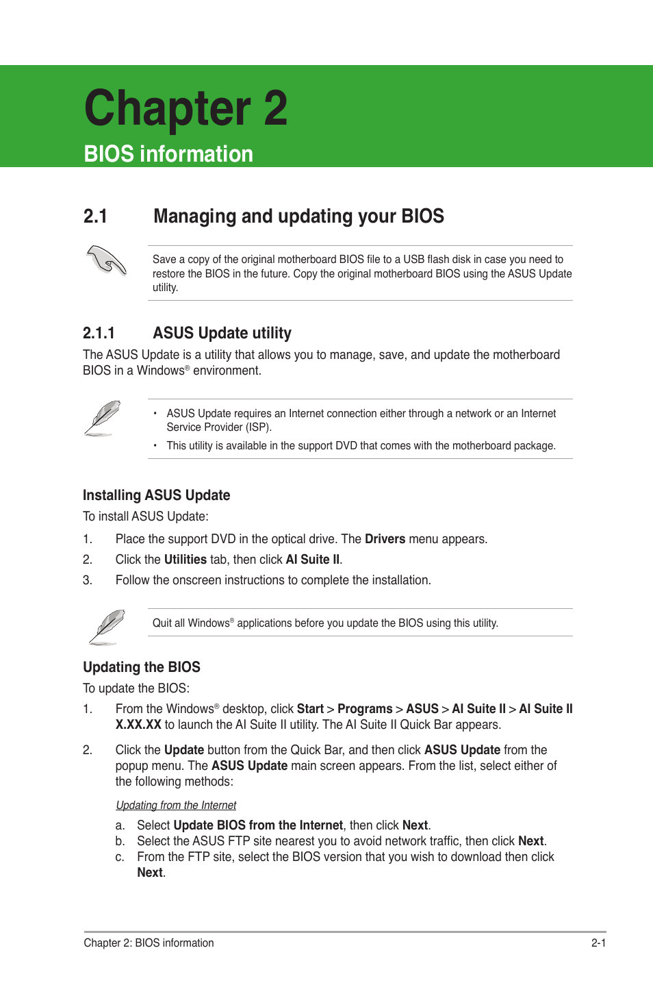 Chapter 2: bios information, 1 managing and updating your bios, 1 asus update utility | Bios information, Managing and updating your bios -1 2.1.1, Asus update utility -1, Chapter 2 | Asus P8H61-M LX R2.0 User Manual | Page 43 / 78