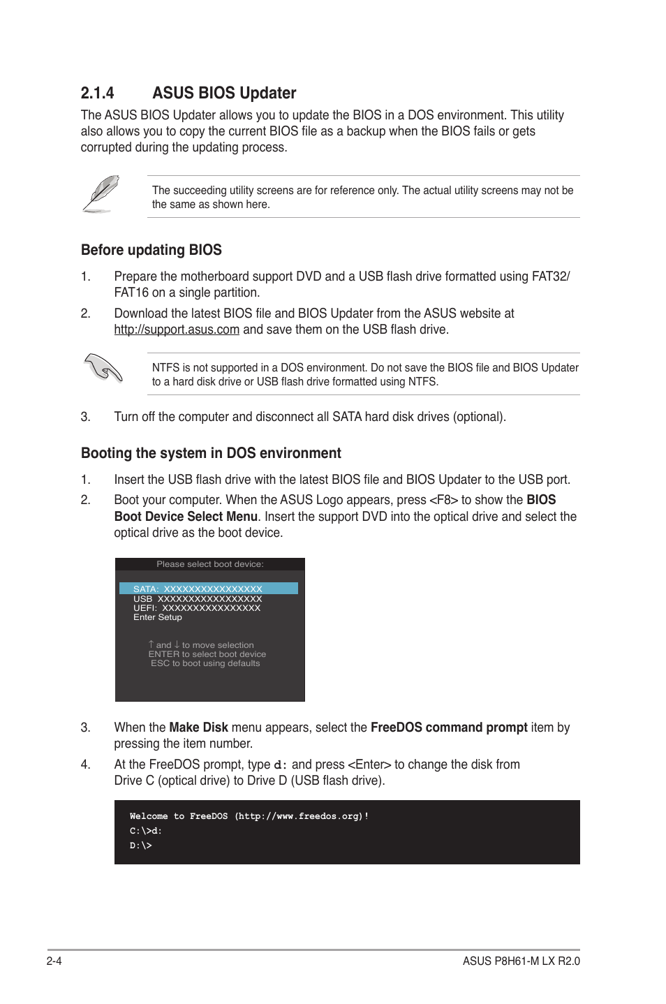 4 asus bios updater, Asus bios updater -4, Before updating bios | Booting the system in dos environment | Asus P8H61-M LX R2.0 User Manual | Page 46 / 78