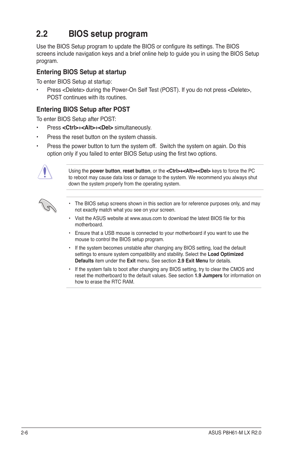 2 bios setup program, Bios setup program -6 | Asus P8H61-M LX R2.0 User Manual | Page 48 / 78