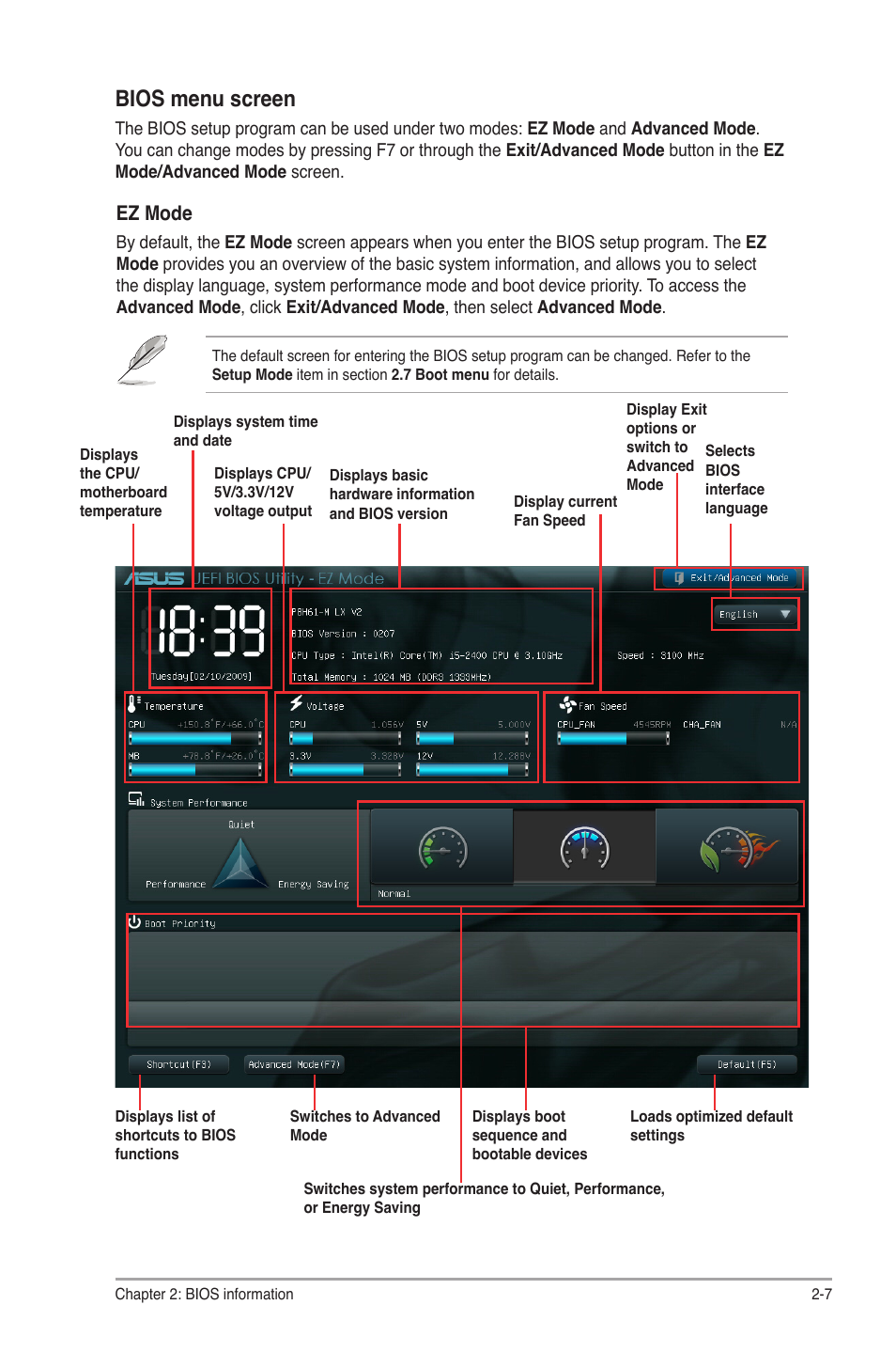 Bios menu screen, Ez mode | Asus P8H61-M LX R2.0 User Manual | Page 49 / 78