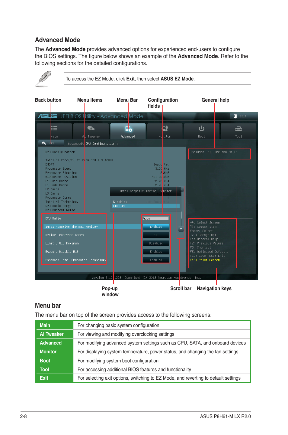 Advanced mode, Menu bar | Asus P8H61-M LX R2.0 User Manual | Page 50 / 78