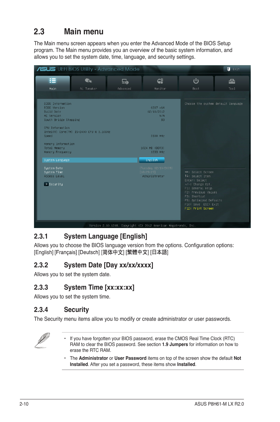 3 main menu, 1 system language [english, 2 system date [day xx/xx/xxxx | 3 system time [xx:xx:xx, 4 security, Main menu -10 2.3.1, System language [english] -10, System date [day xx/xx/xxxx] -10, System time [xx:xx:xx] -10, Security -10 | Asus P8H61-M LX R2.0 User Manual | Page 52 / 78