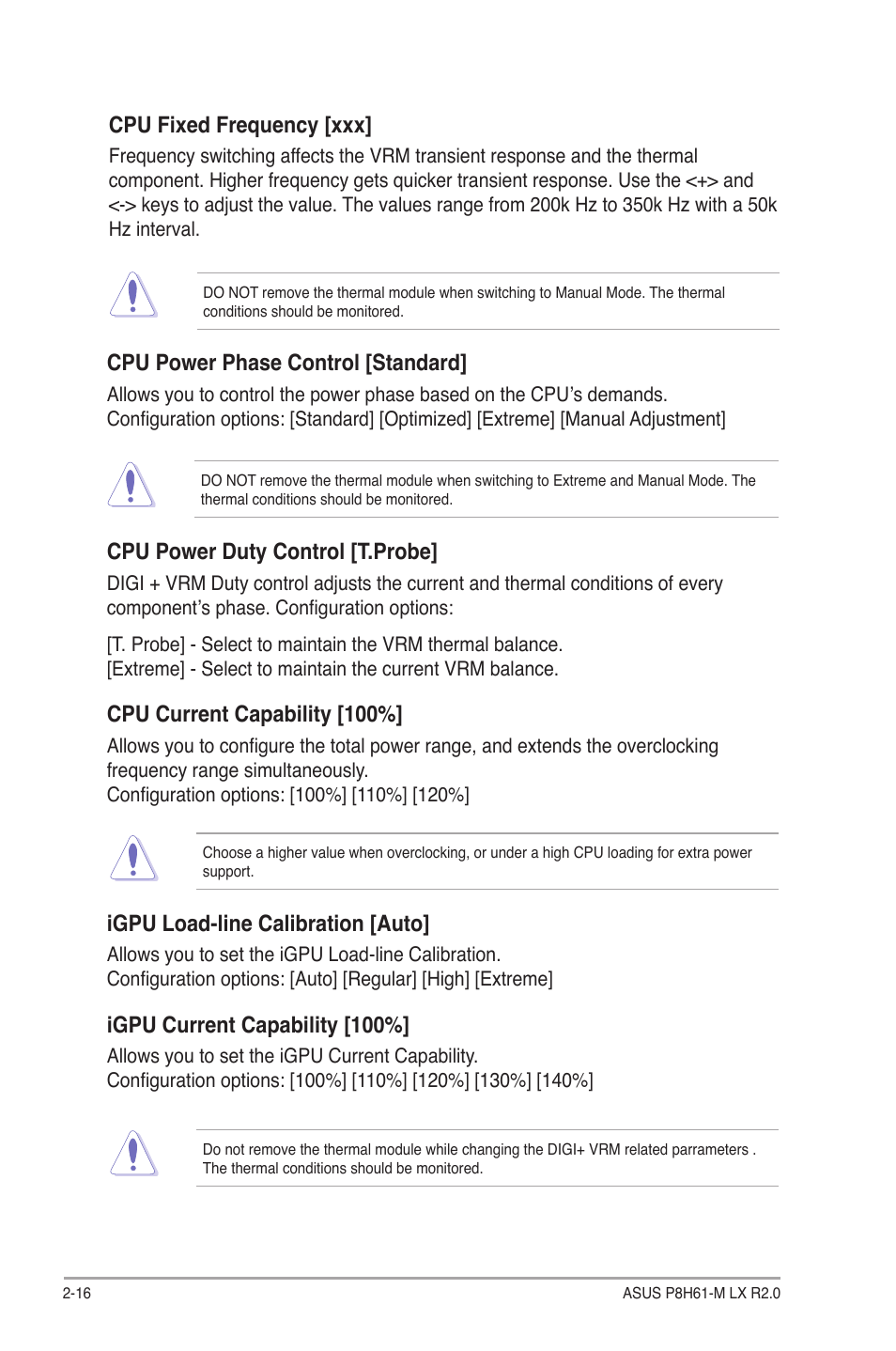 Igpu load-line calibration [auto, Igpu current capability [100, Cpu power duty control [t.probe | Cpu current capability [100, Cpu power phase control [standard, Cpu fixed frequency [xxx | Asus P8H61-M LX R2.0 User Manual | Page 58 / 78