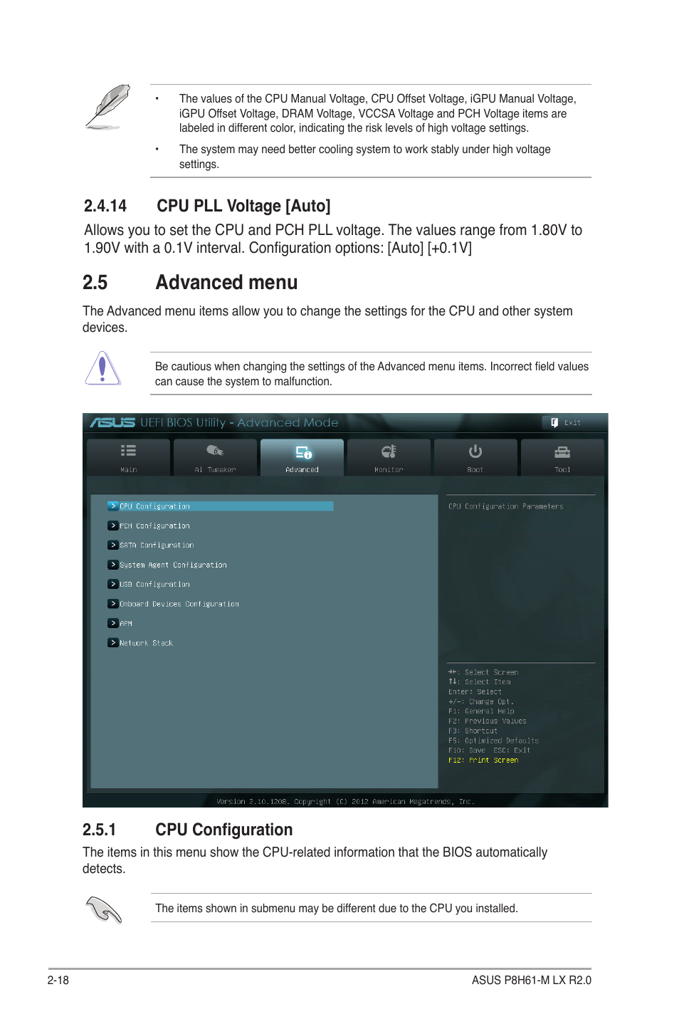 14 cpu pll voltage [auto, 5 advanced menu, 1 cpu configuration | 14 cpu pll voltage [auto] -18, Advanced menu -18 2.5.1, Cpu configuration -18 | Asus P8H61-M LX R2.0 User Manual | Page 60 / 78