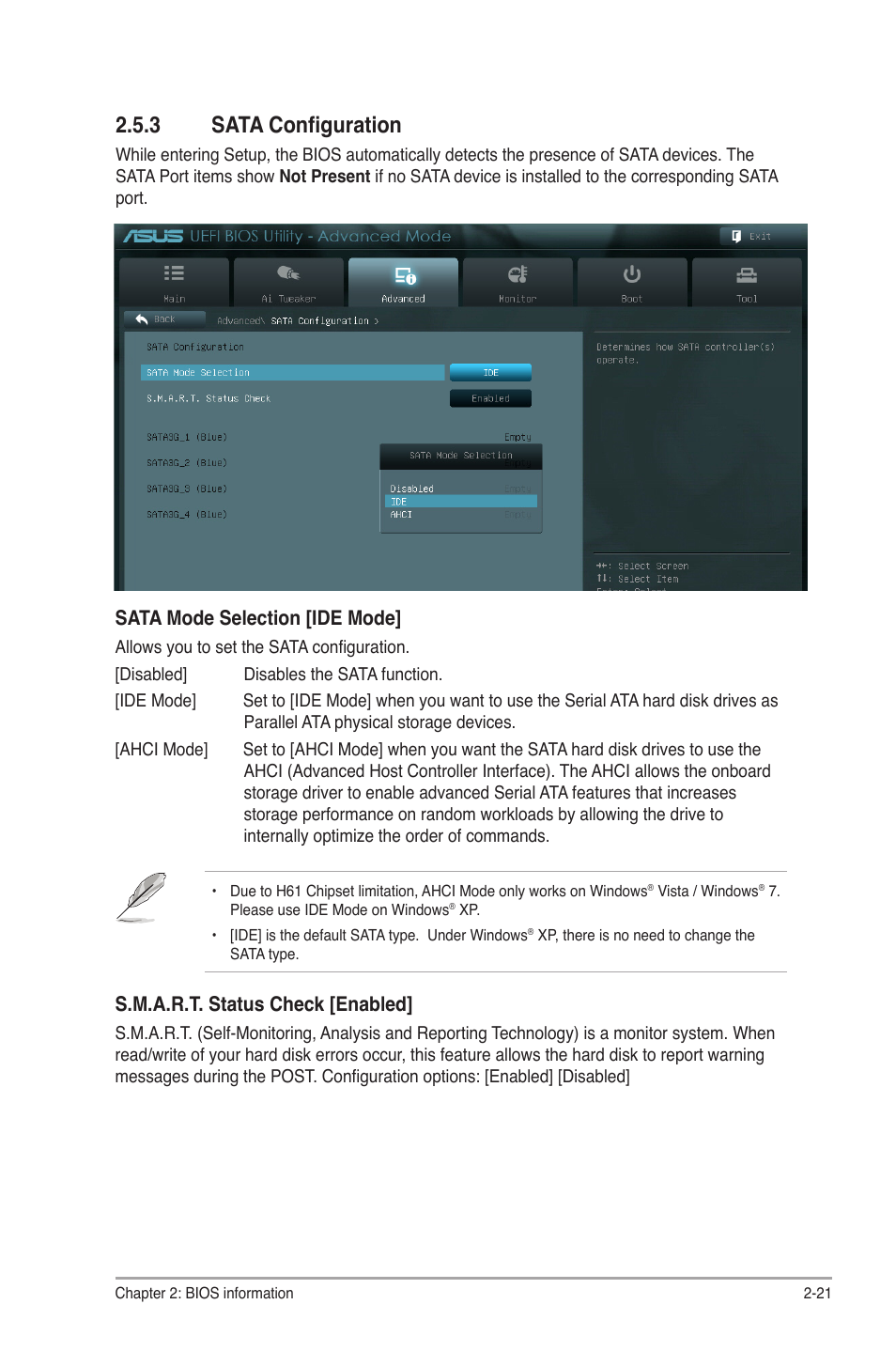 3 sata configuration, Sata configuration -21, Sata mode selection [ide mode | S.m.a.r.t. status check [enabled | Asus P8H61-M LX R2.0 User Manual | Page 63 / 78