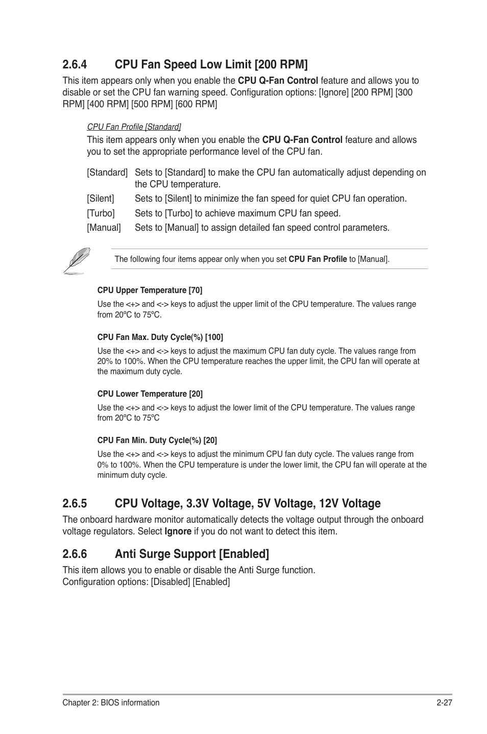 4 cpu fan speed low limit [200 rpm, 6 anti surge support [enabled, Cpu fan speed low limit [200 rpm] -27 | Anti surge support [enabled] -27 | Asus P8H61-M LX R2.0 User Manual | Page 69 / 78