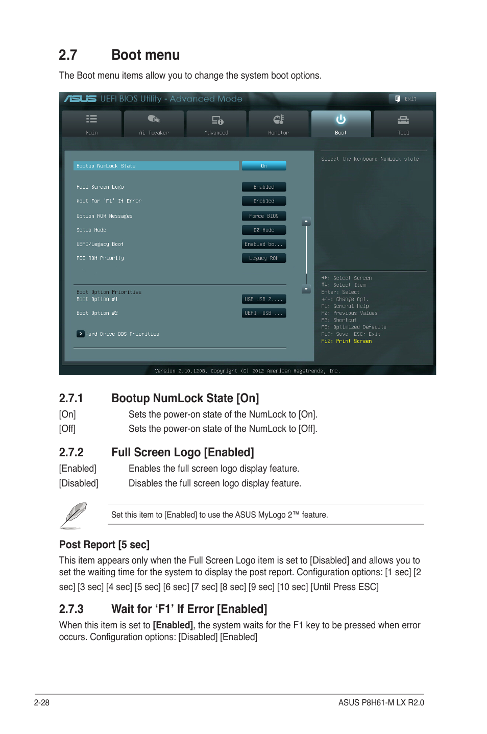 7 boot menu, 1 bootup numlock state [on, 2 full screen logo [enabled | 3 wait for ‘f1’ if error [enabled, Boot menu -28 2.7.1, Bootup numlock state [on] -28, Full screen logo [enabled] -28, Wait for ‘f1’ if error [enabled] -28 | Asus P8H61-M LX R2.0 User Manual | Page 70 / 78