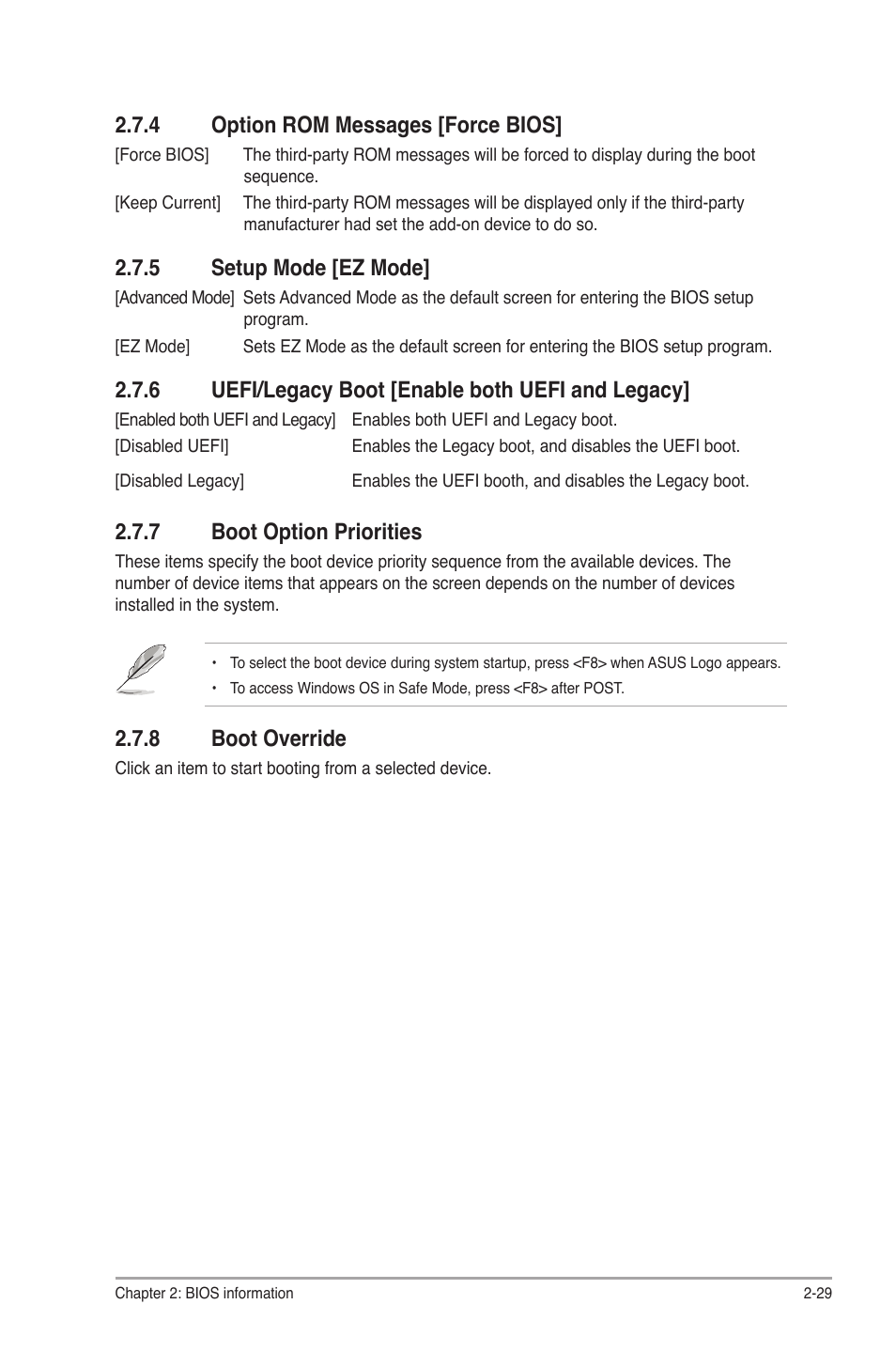 4 option rom messages [force bios, 5 setup mode [ez mode, 6 uefi/legacy boot [enable both uefi and legacy | 7 boot option priorities, 8 boot override, Option rom messages [force bios] -29, Setup mode [ez mode] -29, Uefi/legacy boot [enable both uefi and legacy] -29, Boot option priorities -29, Boot override -29 | Asus P8H61-M LX R2.0 User Manual | Page 71 / 78